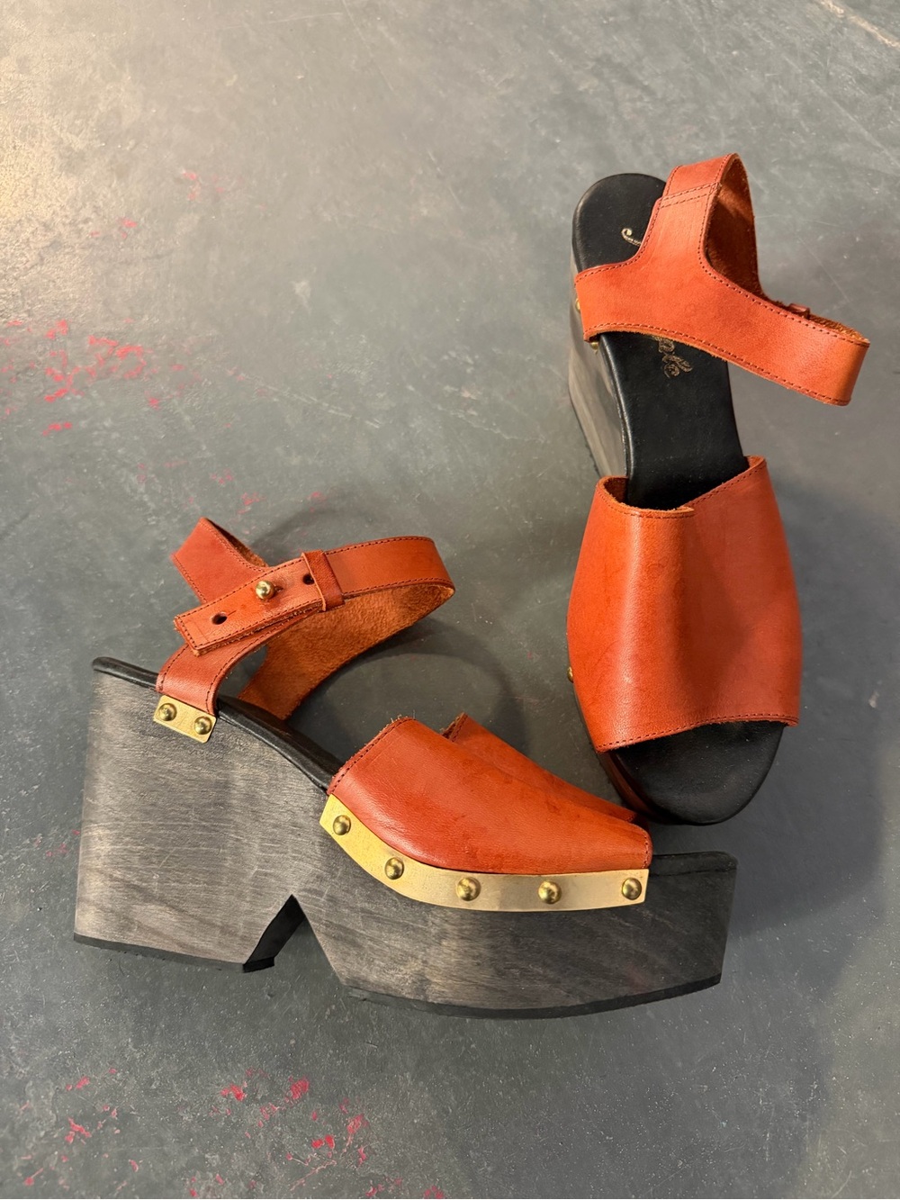 Free People Orange/brown Leather Platform Clog Sandals with Stud Trim
